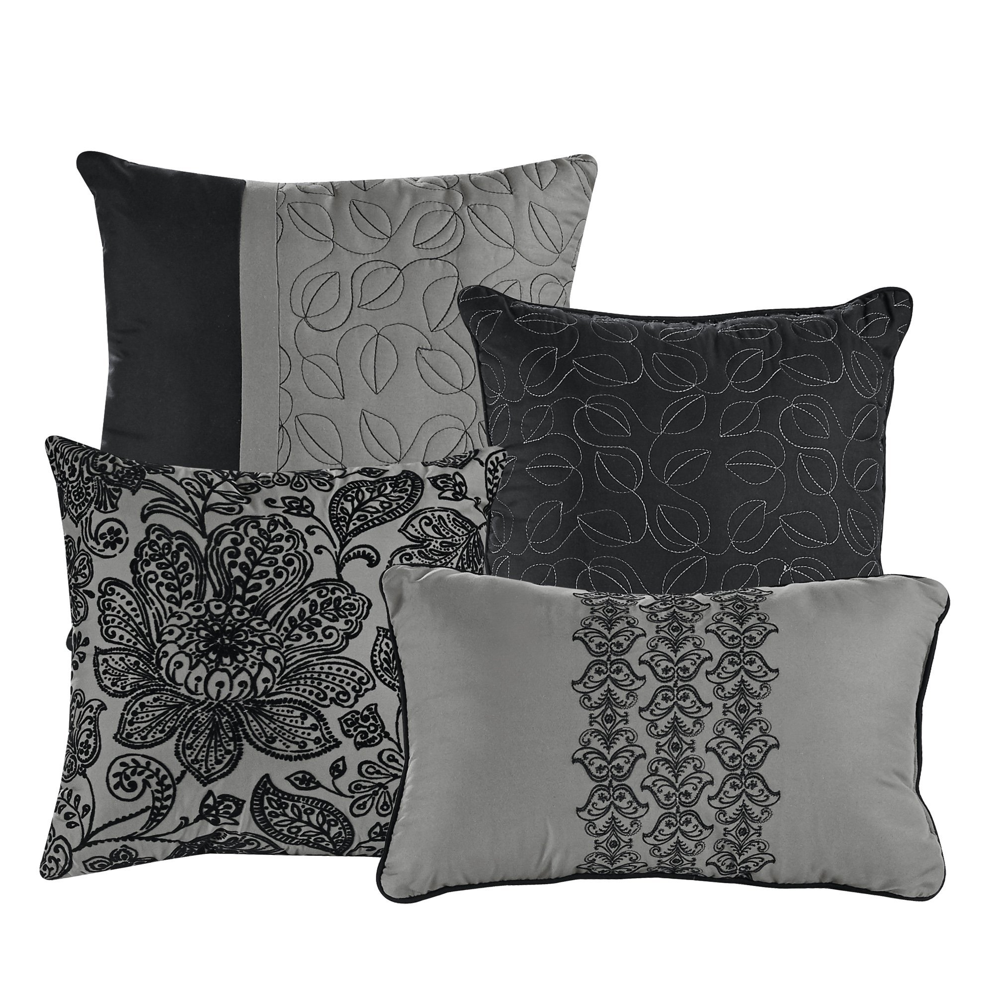 Chuki Contemporary Floral Black Comforter Set featuring elegant jacquard fabric with floral and medallion patterns, displayed on a neatly made bed.