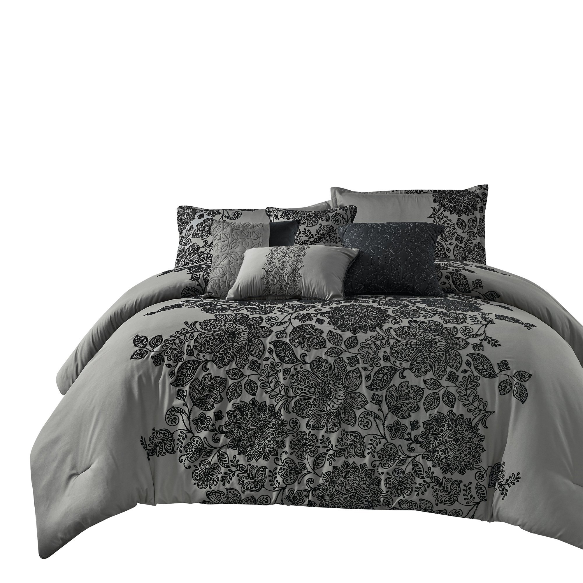 Chuki Contemporary Floral Black Comforter Set featuring elegant jacquard fabric with floral and medallion patterns, displayed on a neatly made bed.