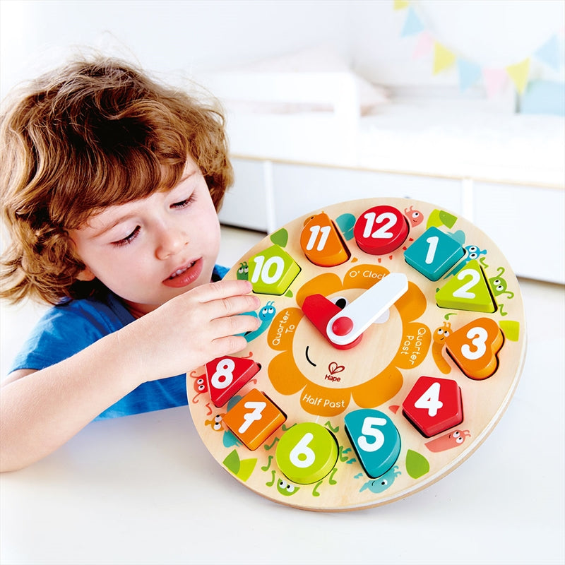 Colorful Chunky Clock Puzzle featuring insects and snails, designed for children to learn time-telling skills.