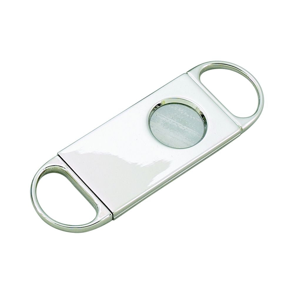 A sleek and stylish cigar cutter with a nickel plated finish, designed for precision cutting.