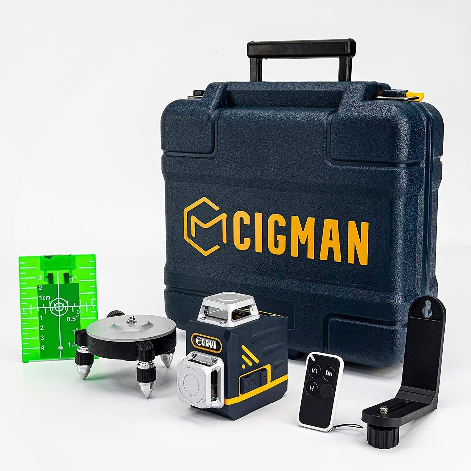 CIGMAN CM720 Laser Level displaying green cross lines for precise alignment in construction and DIY projects.