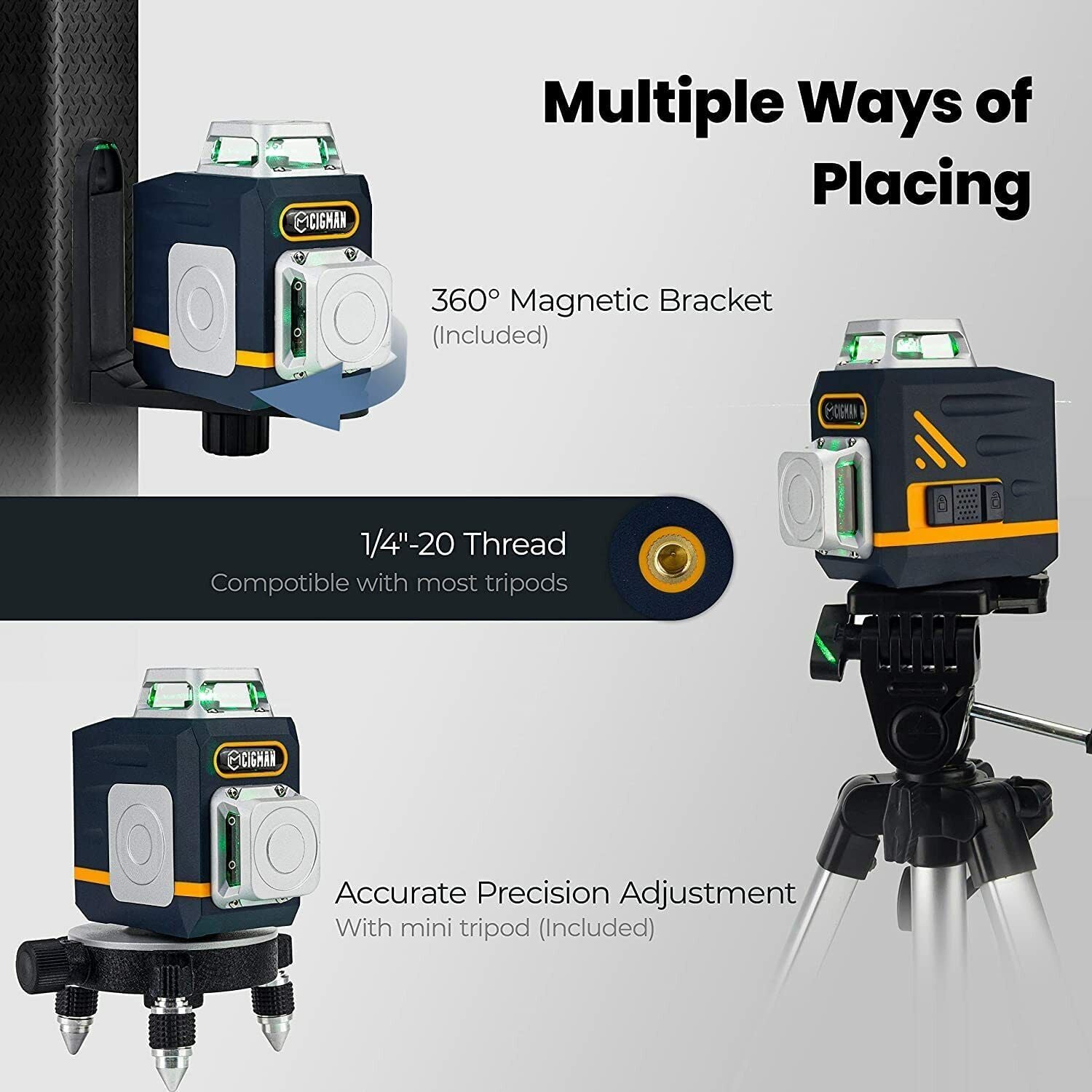 CIGMAN CM720 Laser Level displaying green cross lines for precise alignment in construction and DIY projects.