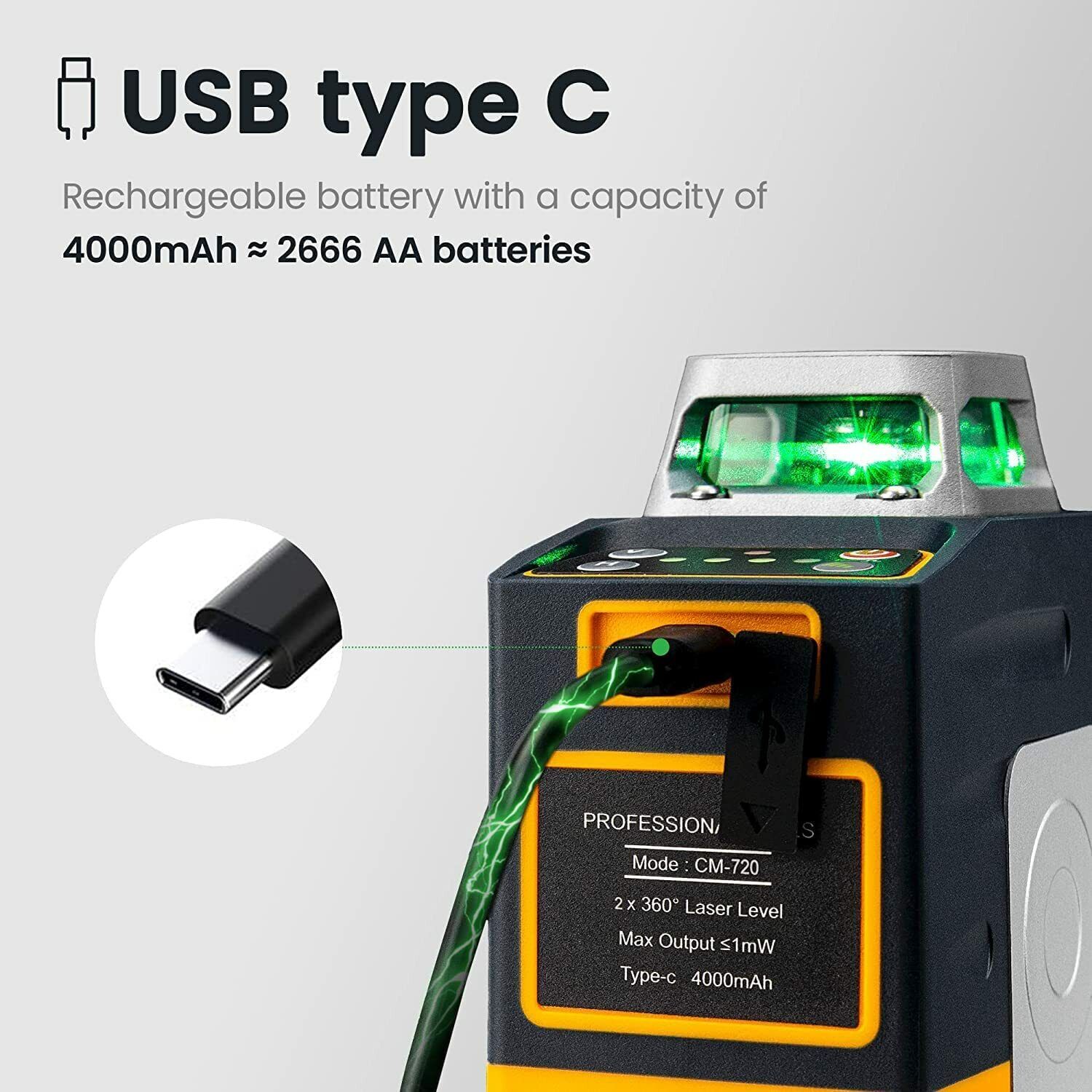 CIGMAN CM720 Laser Level displaying green cross lines for precise alignment in construction and DIY projects.