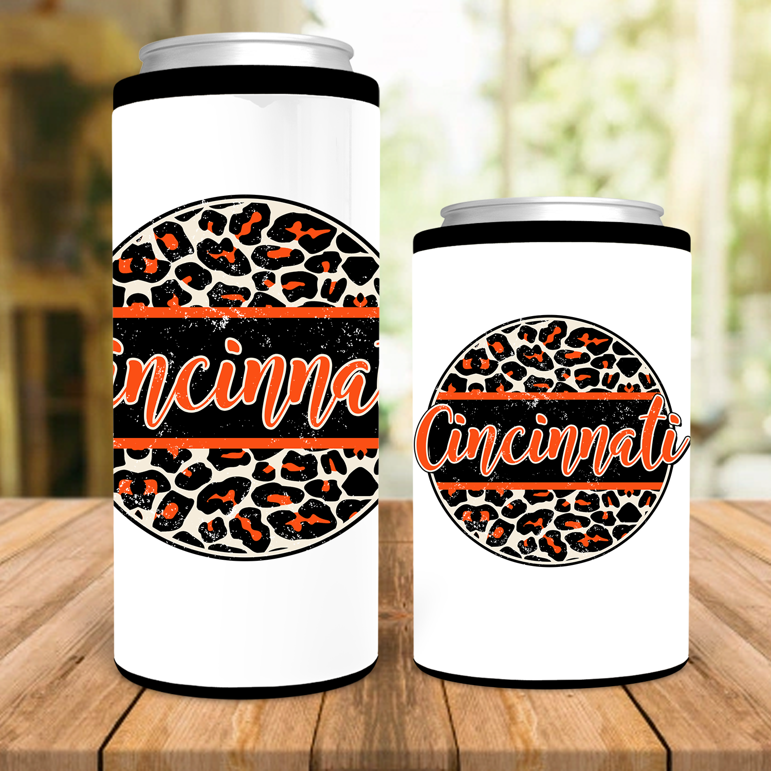 Cincinnati Distressed Leopard Circle Can Cooler showcasing a stylish leopard print design on a stainless steel body.