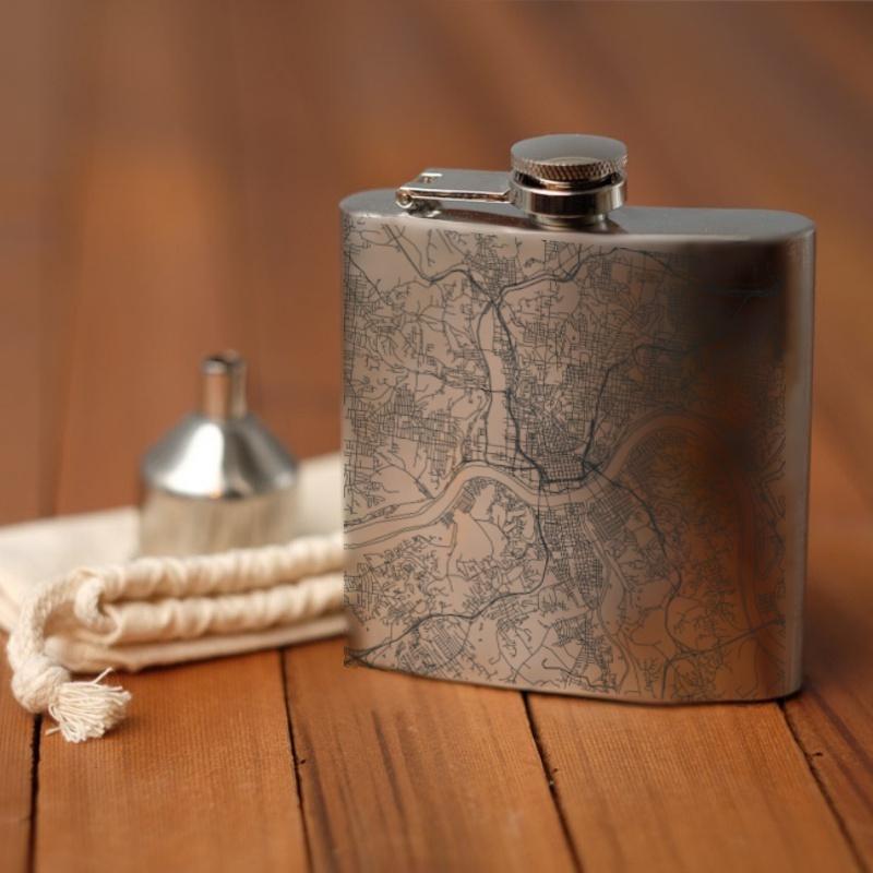 Custom engraved Cincinnati, Ohio map on a 6oz hip flask with a canvas bag and funnel.