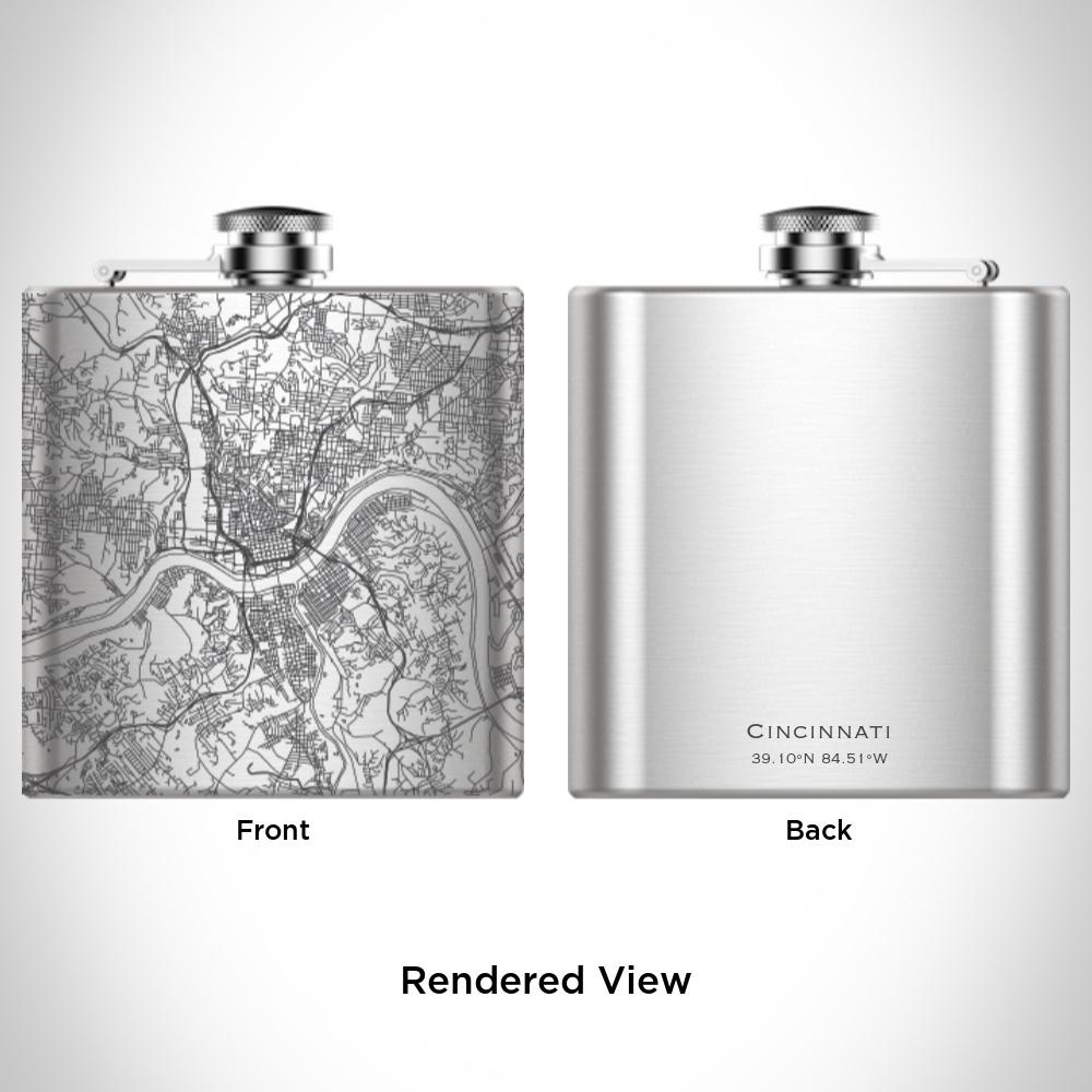 Custom engraved Cincinnati, Ohio map on a 6oz hip flask with a canvas bag and funnel.