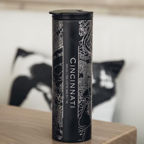 Custom engraved matte black tumbler featuring a detailed map of Cincinnati, Ohio with coordinates.