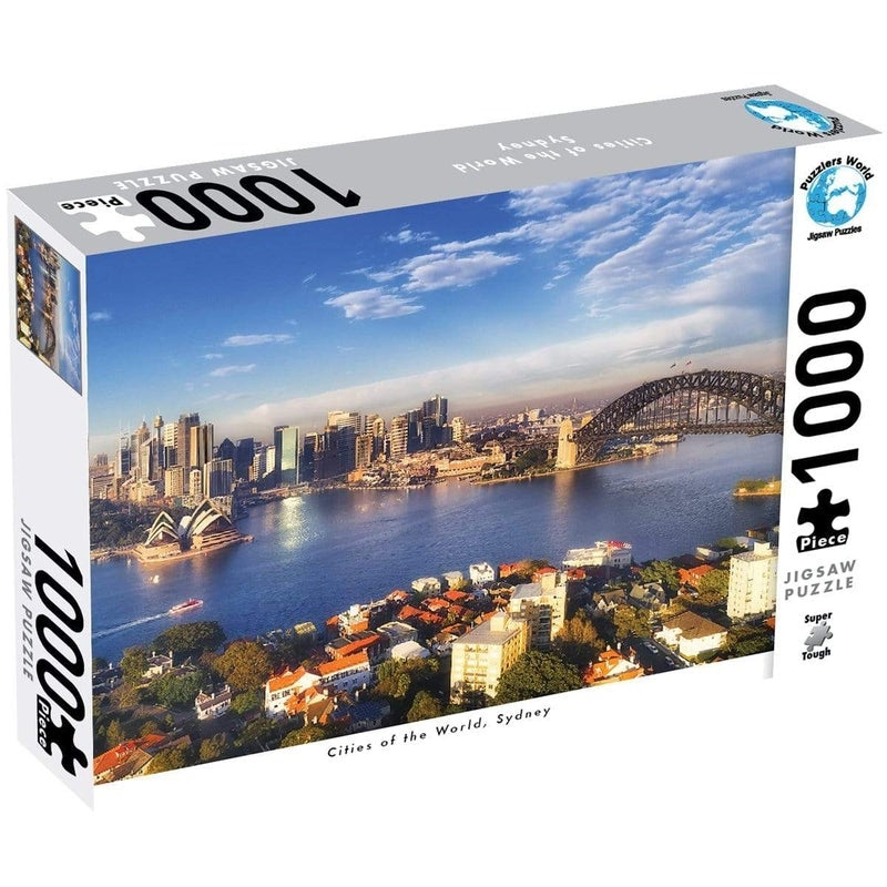 A colorful 1000-piece puzzle depicting the Sydney skyline, featuring the Sydney Opera House and Harbour Bridge.