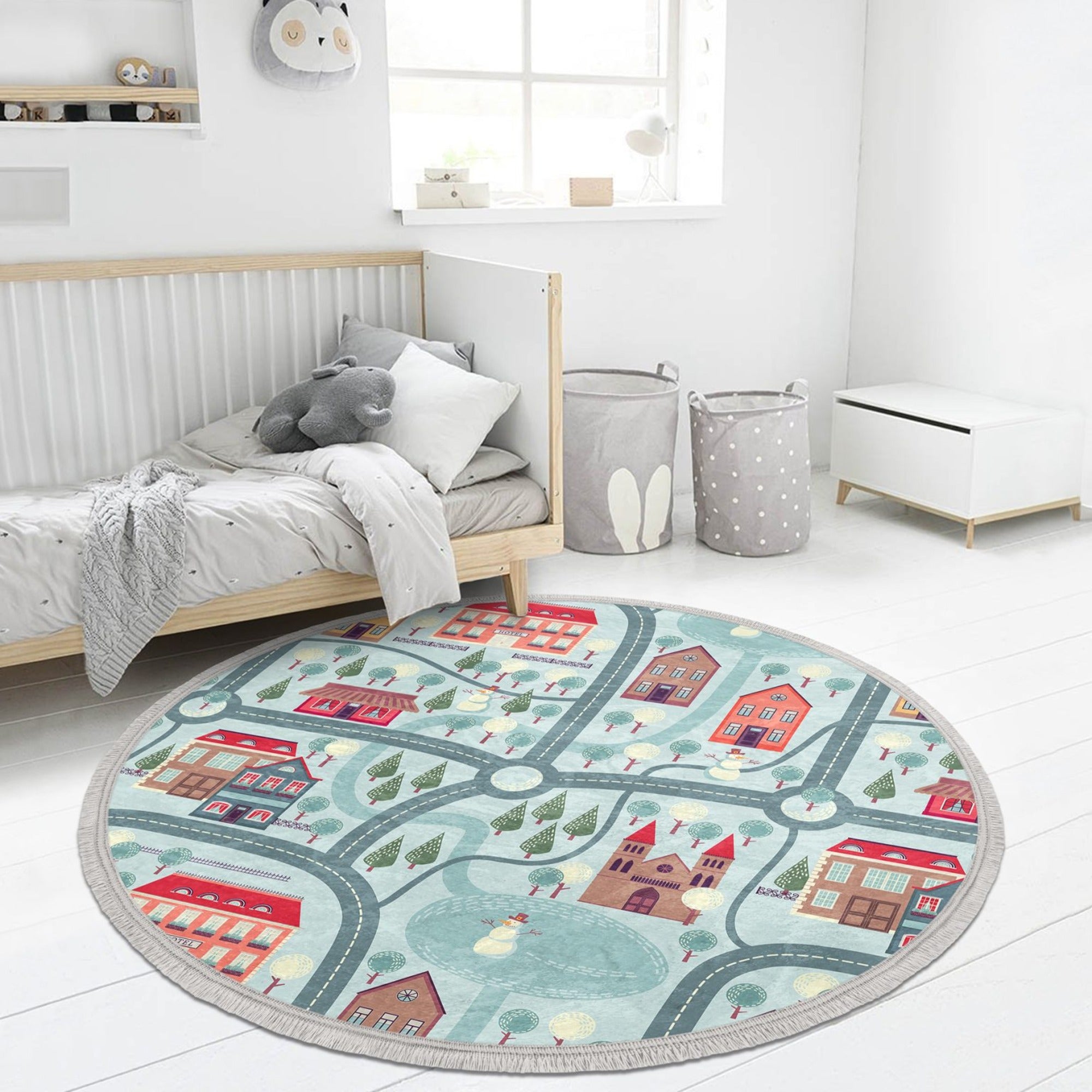 Colorful city map design round area rug for kids' rooms, made of soft velvet fabric with fringes, safe and durable for daily use.