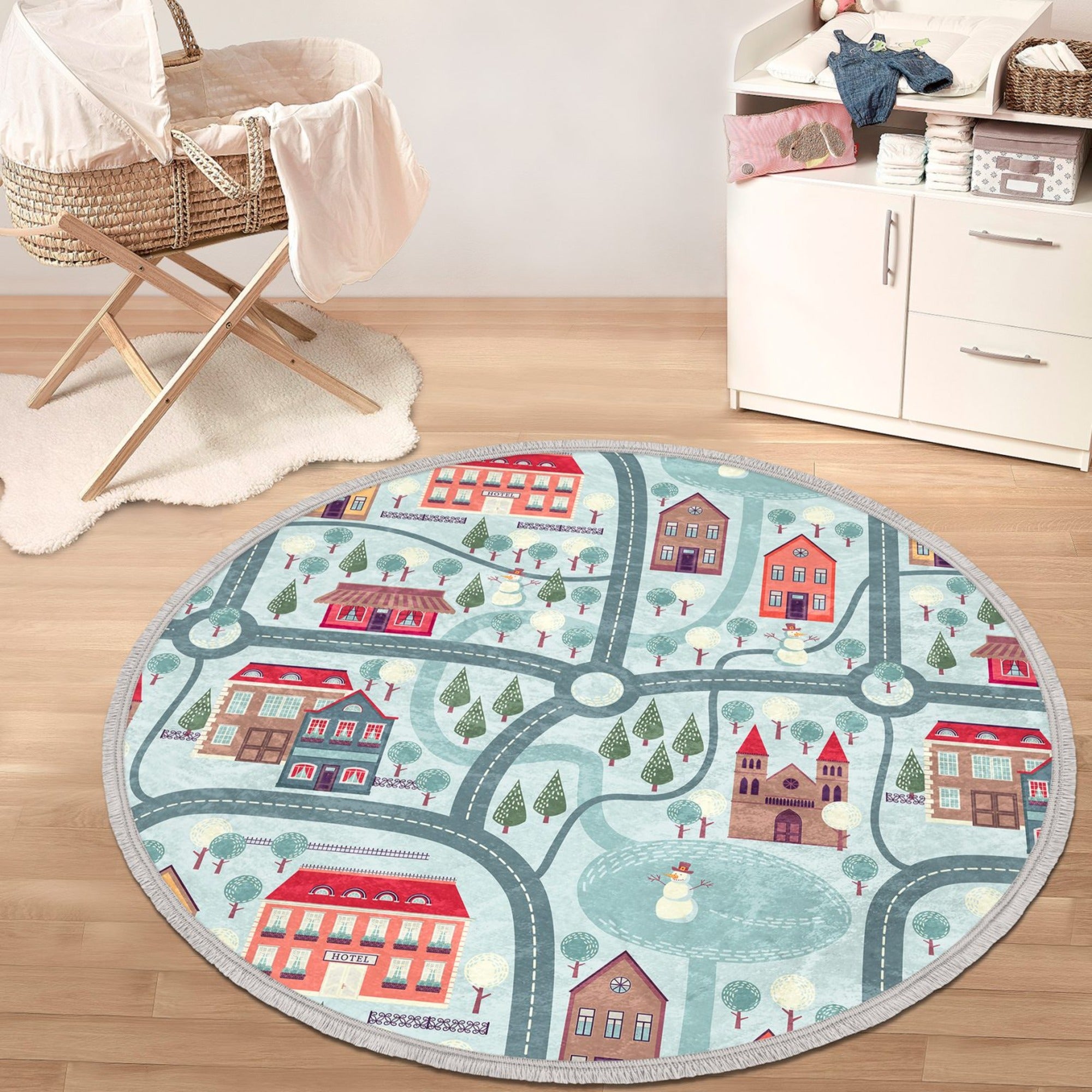 Colorful city map design round area rug for kids' rooms, made of soft velvet fabric with fringes, safe and durable for daily use.