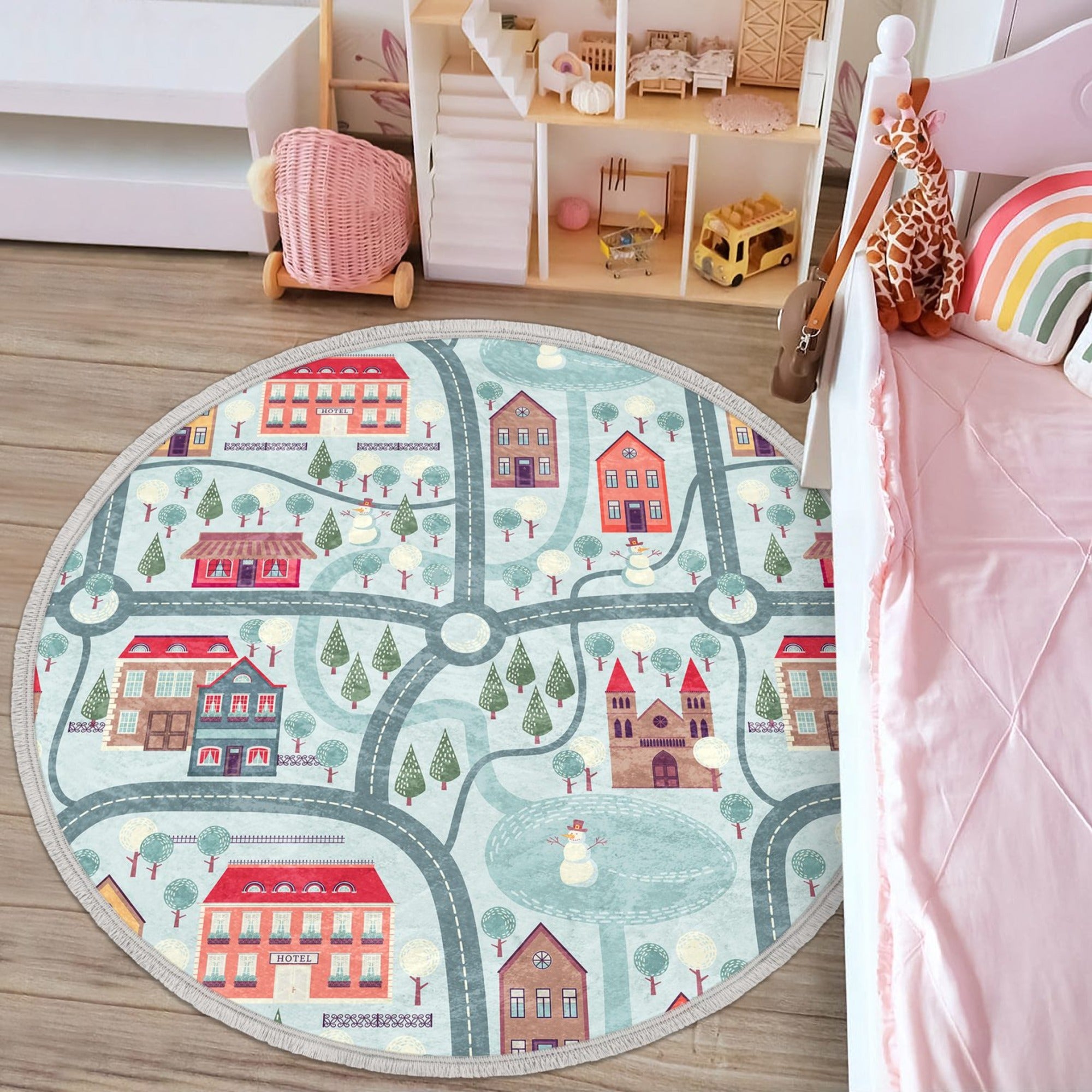 Colorful city map design round area rug for kids' rooms, made of soft velvet fabric with fringes, safe and durable for daily use.