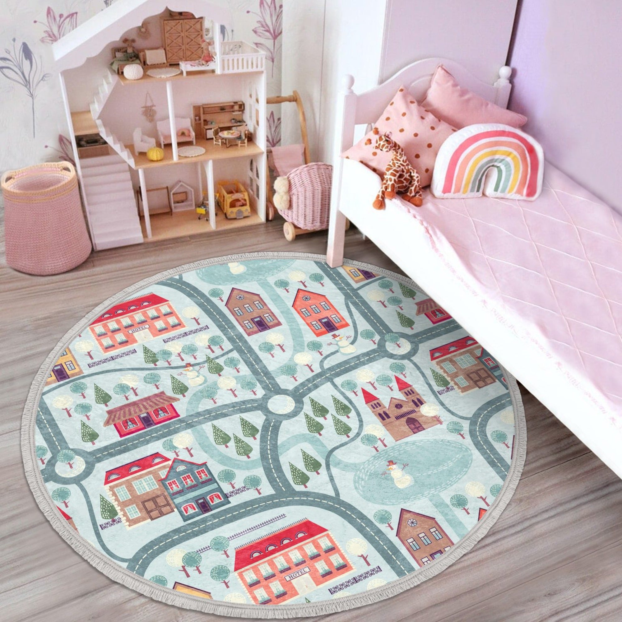 Colorful city map design round area rug for kids' rooms, made of soft velvet fabric with fringes, safe and durable for daily use.