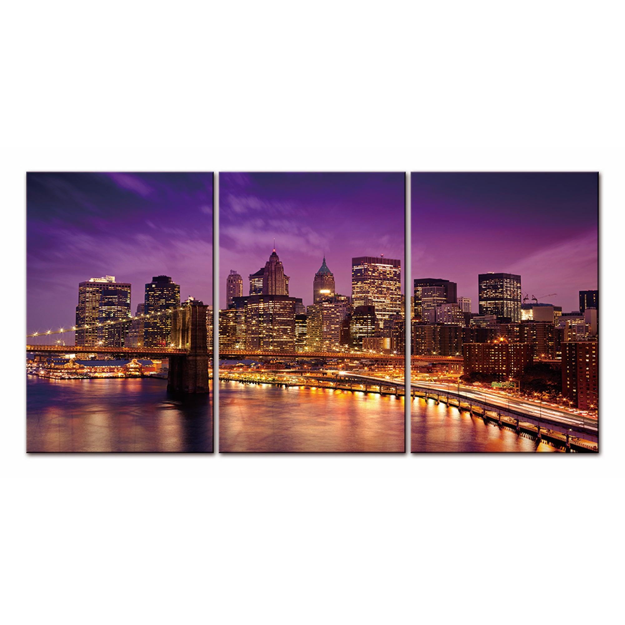 City Night Lights Acrylic Wall Art featuring a three-panel abstract design with a high-gloss finish, showcasing a vibrant city skyline at night.