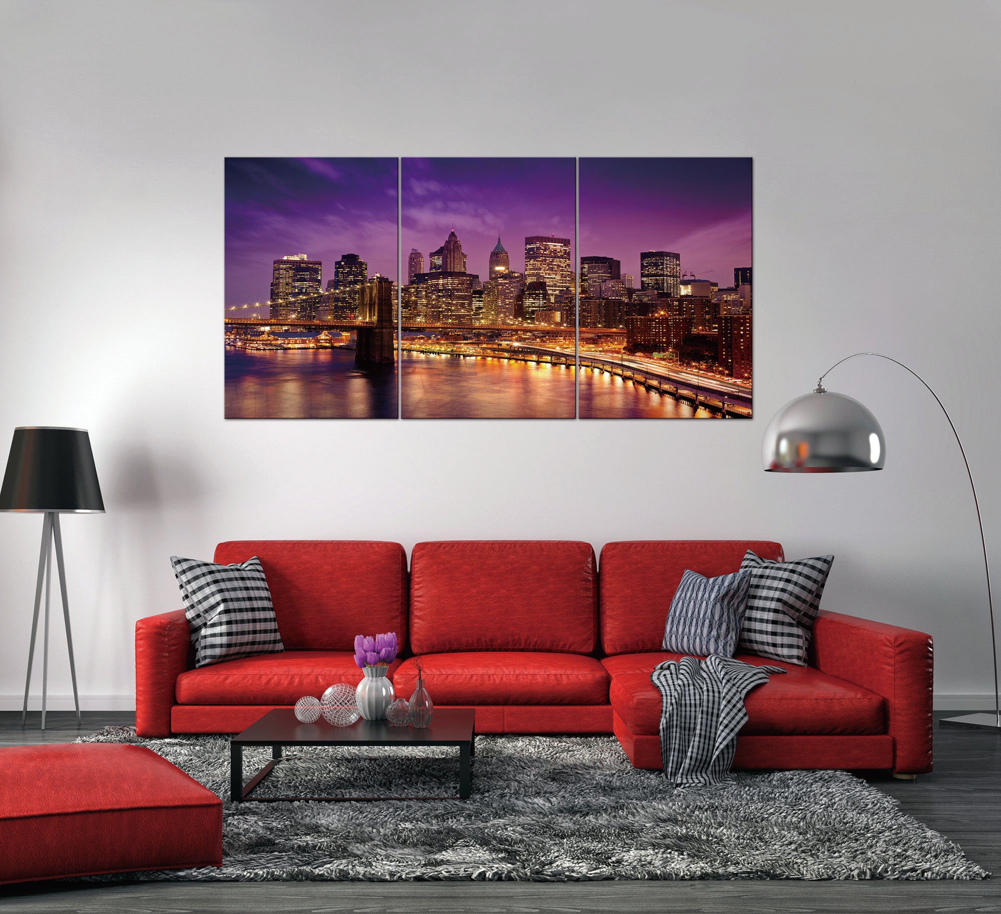 City Night Lights Acrylic Wall Art featuring a three-panel abstract design with a high-gloss finish, showcasing a vibrant city skyline at night.