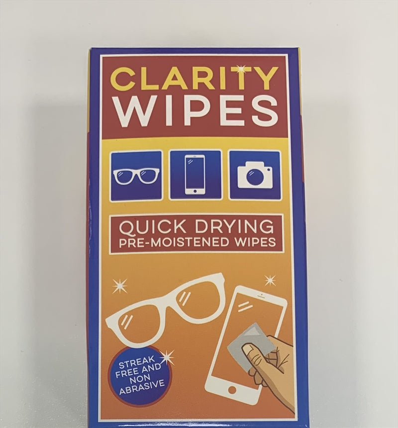 Clarity Wipes 16pk packaging showcasing the wipes inside, designed for effective cleaning.