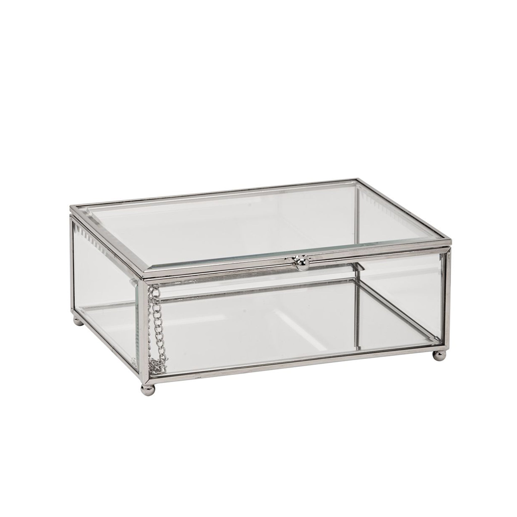 Claro Hinged Glass Box with metal frame and beveled glass, showcasing jewelry and collectibles inside.