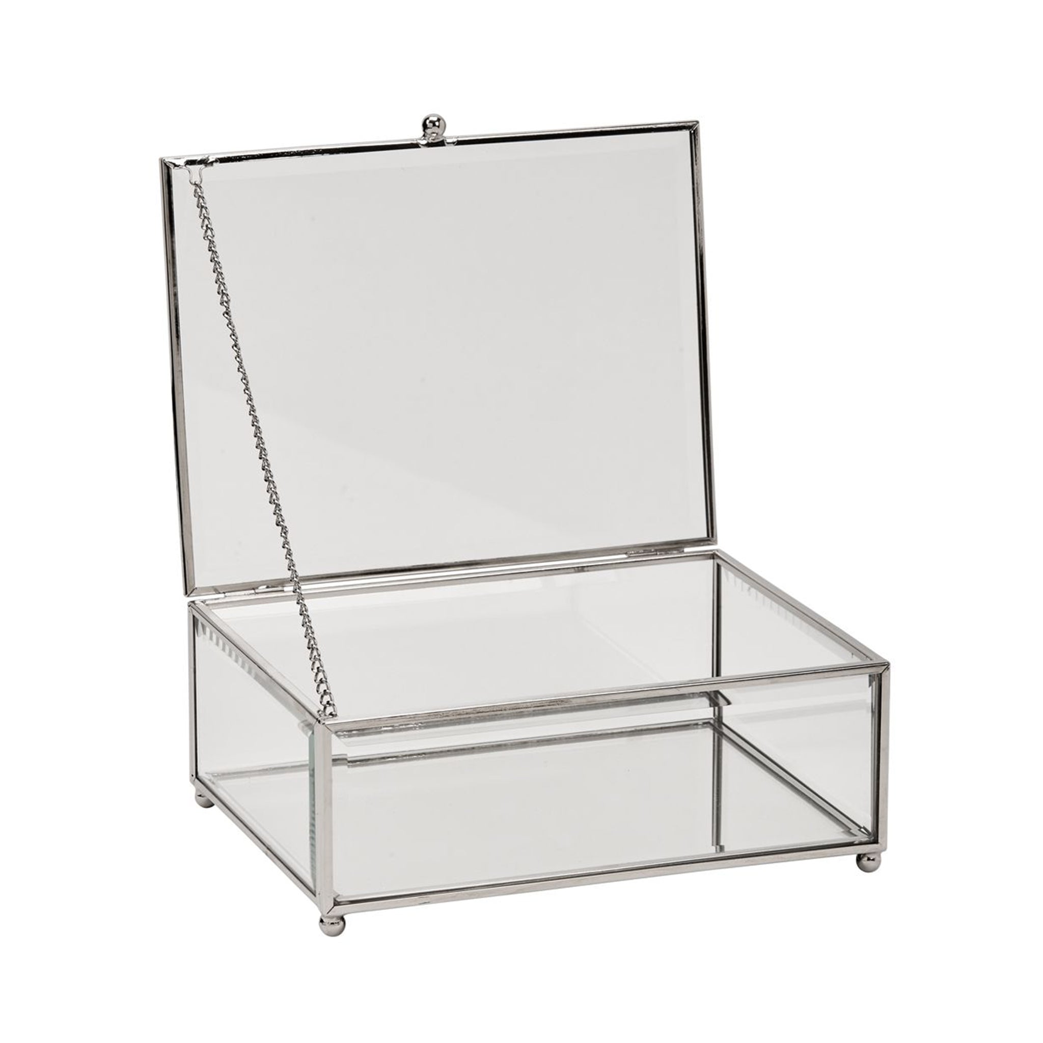 Claro Hinged Glass Box with metal frame and beveled glass, showcasing jewelry and collectibles inside.