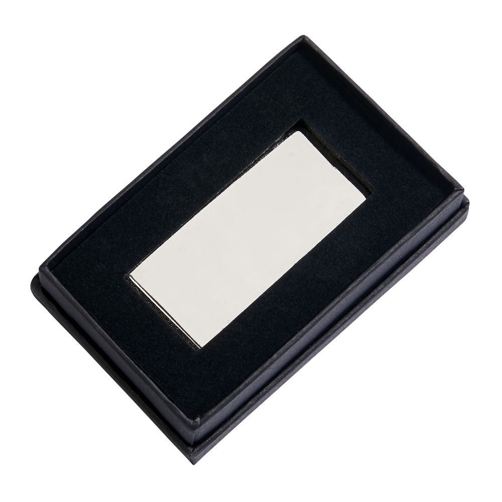 Classic Money Clip in nickel plating, measuring 2 inches by 1 inch, elegantly displayed in a black gift box.