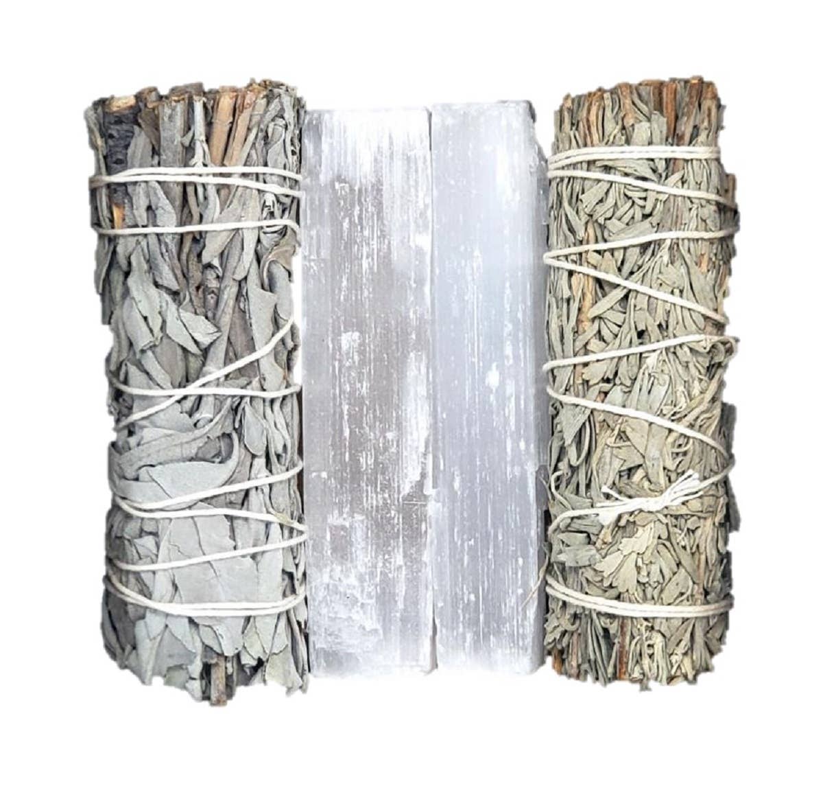 Cleansing Kit featuring White Sage, Blue Sage, and Selenite sticks arranged neatly, showcasing their natural textures and colors.