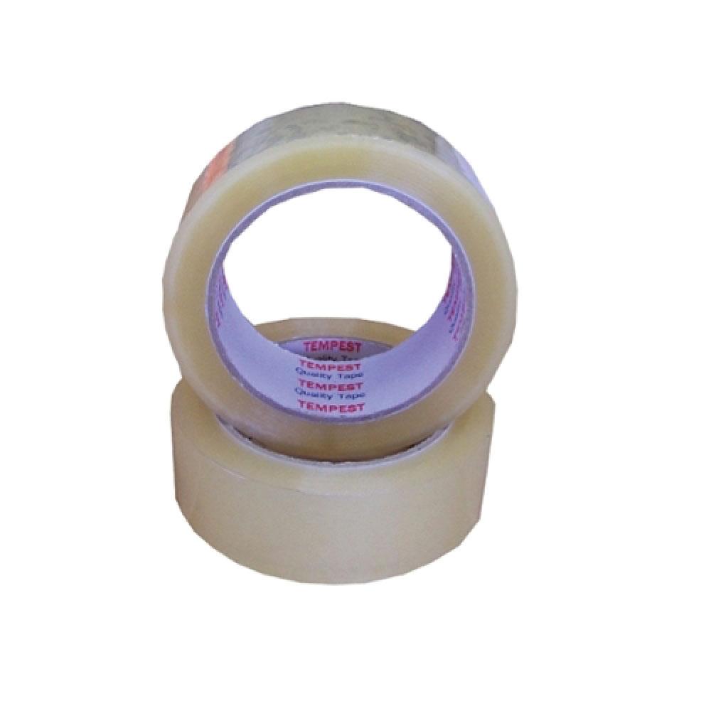 A roll of Tempest Brand Clear Packaging Tape measuring 48mm x 75m, showcasing its strong adhesive properties and clear finish.