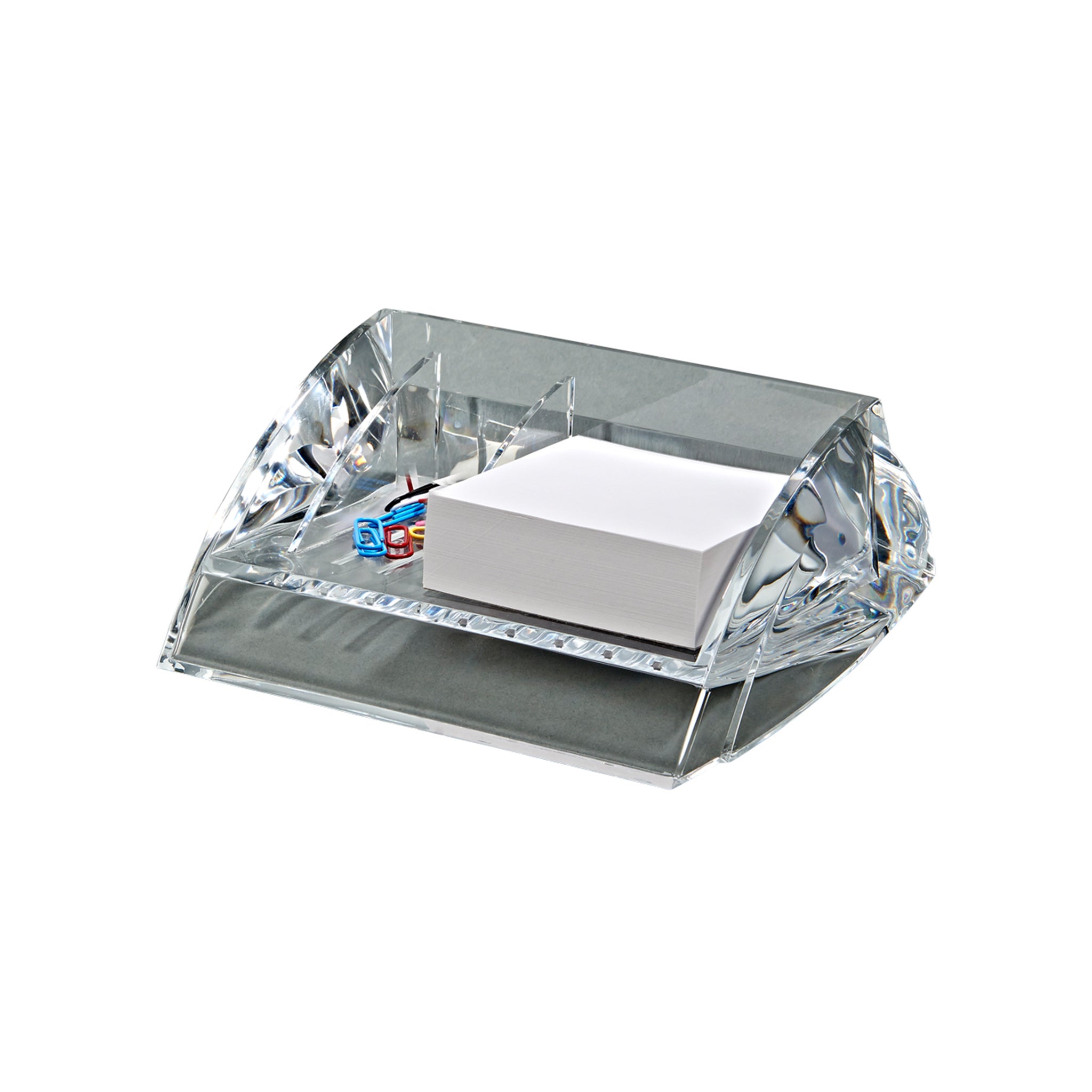 Clear acrylic desk caddy with three compartments for paper, clips, and business cards.