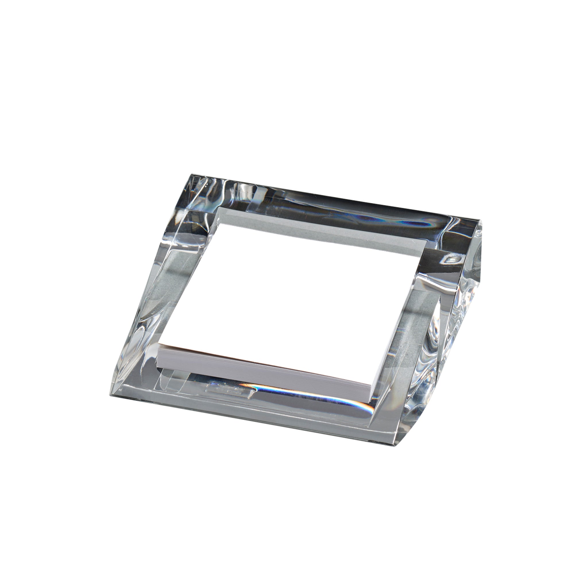 Clear acrylic pad holder measuring 4.25" x 4.25" x 1", holding 3" x 3" paper pads, elegantly designed for office use.