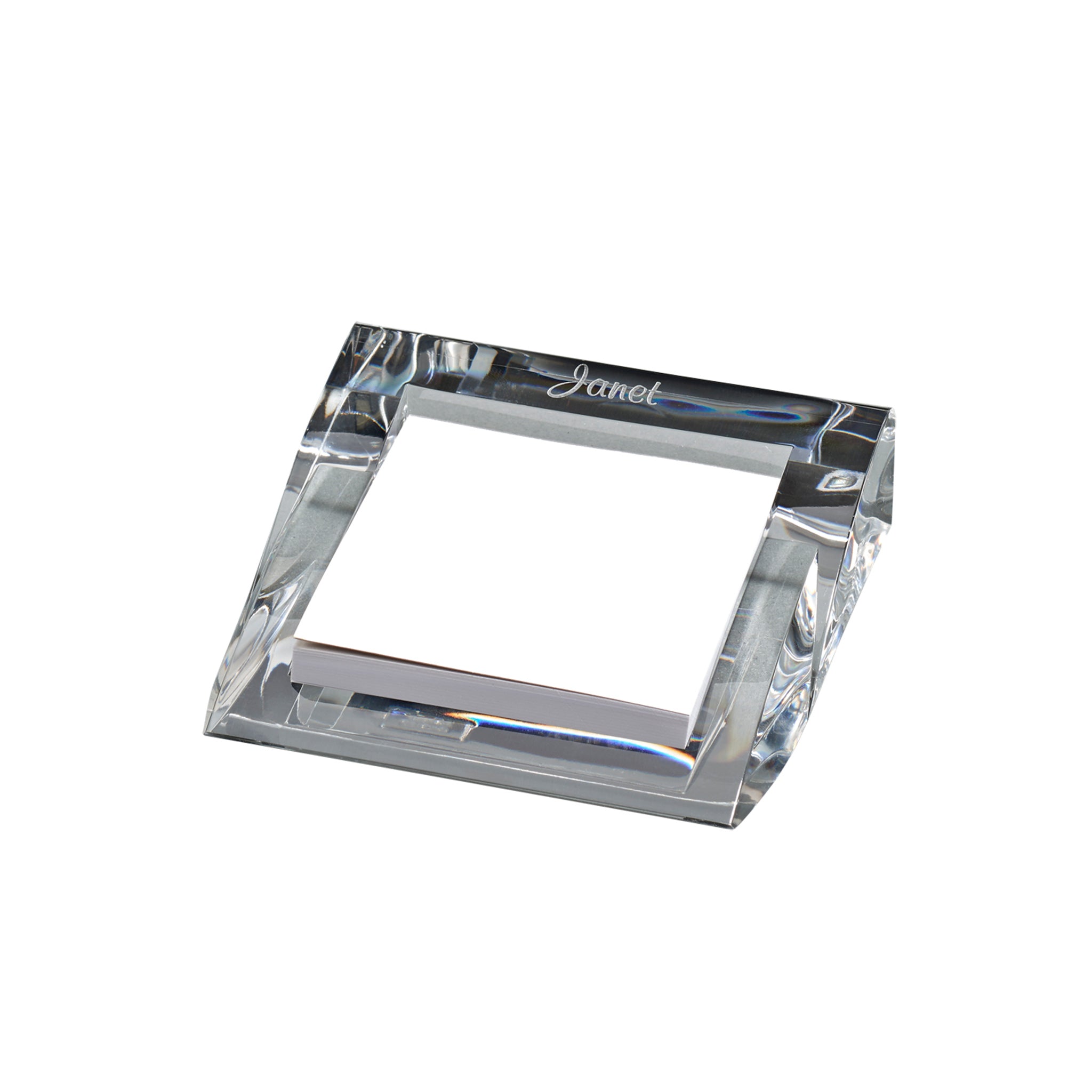 Clear acrylic pad holder measuring 4.25" x 4.25" x 1", holding 3" x 3" paper pads, elegantly designed for office use.