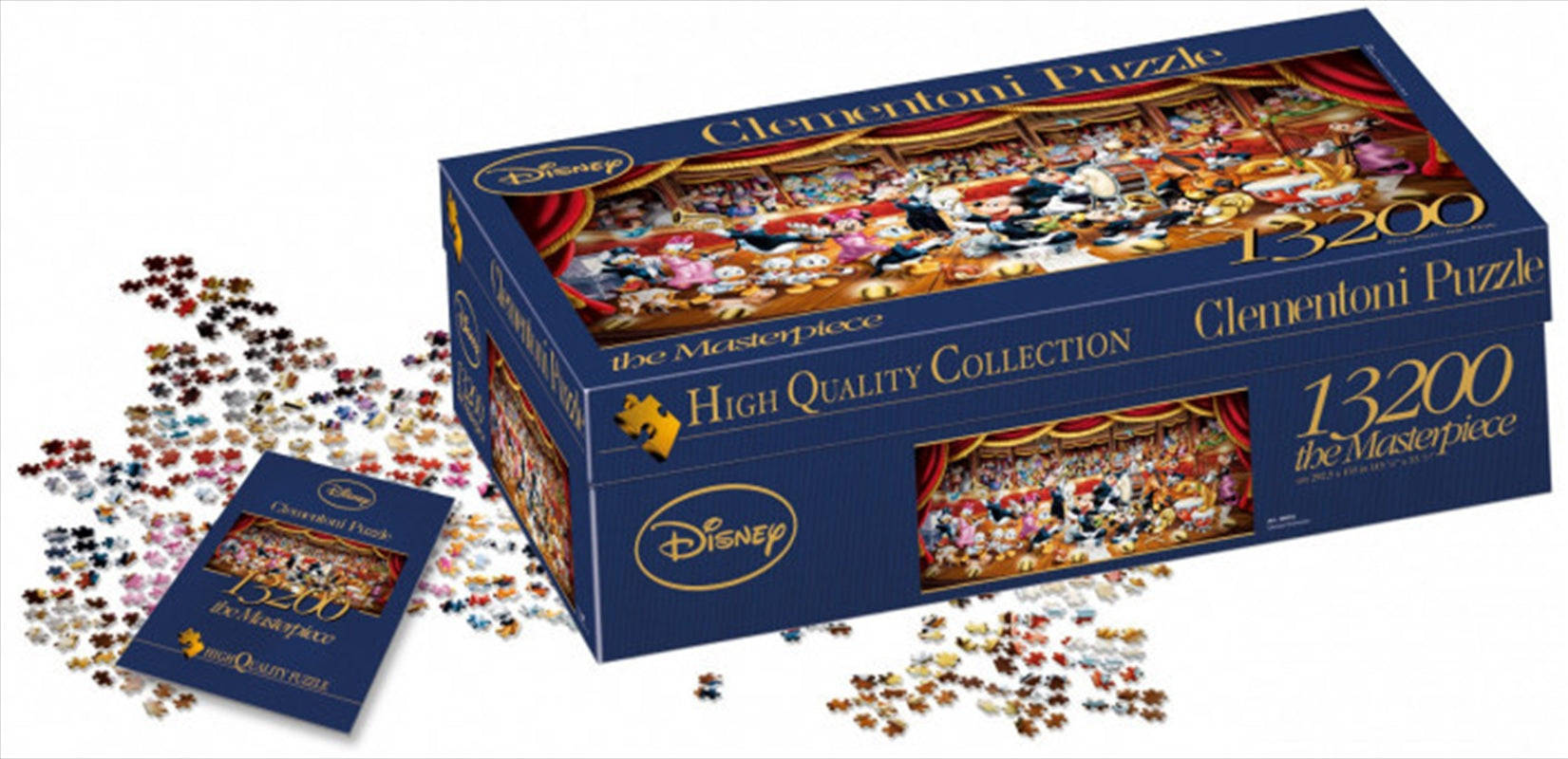 Clementoni Disney Puzzle featuring Disney Orchestra with 13200 colorful pieces and a reference poster.