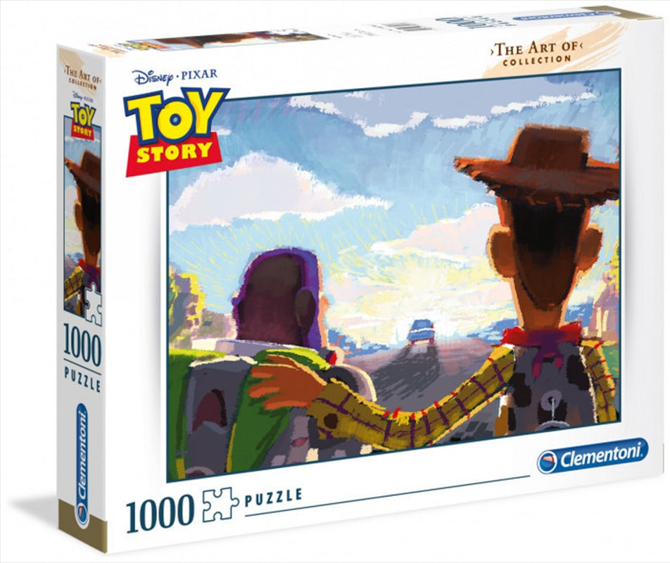 Clementoni Disney Puzzle featuring Toy Story characters, 1000 pieces, vibrant colors, completed size 69cm x 50cm.