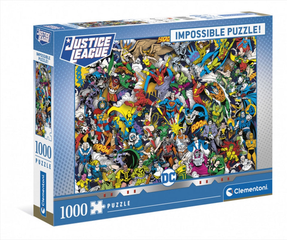 Clementoni DC Comics Impossible Puzzle featuring 1,000 colorful pieces with iconic characters.