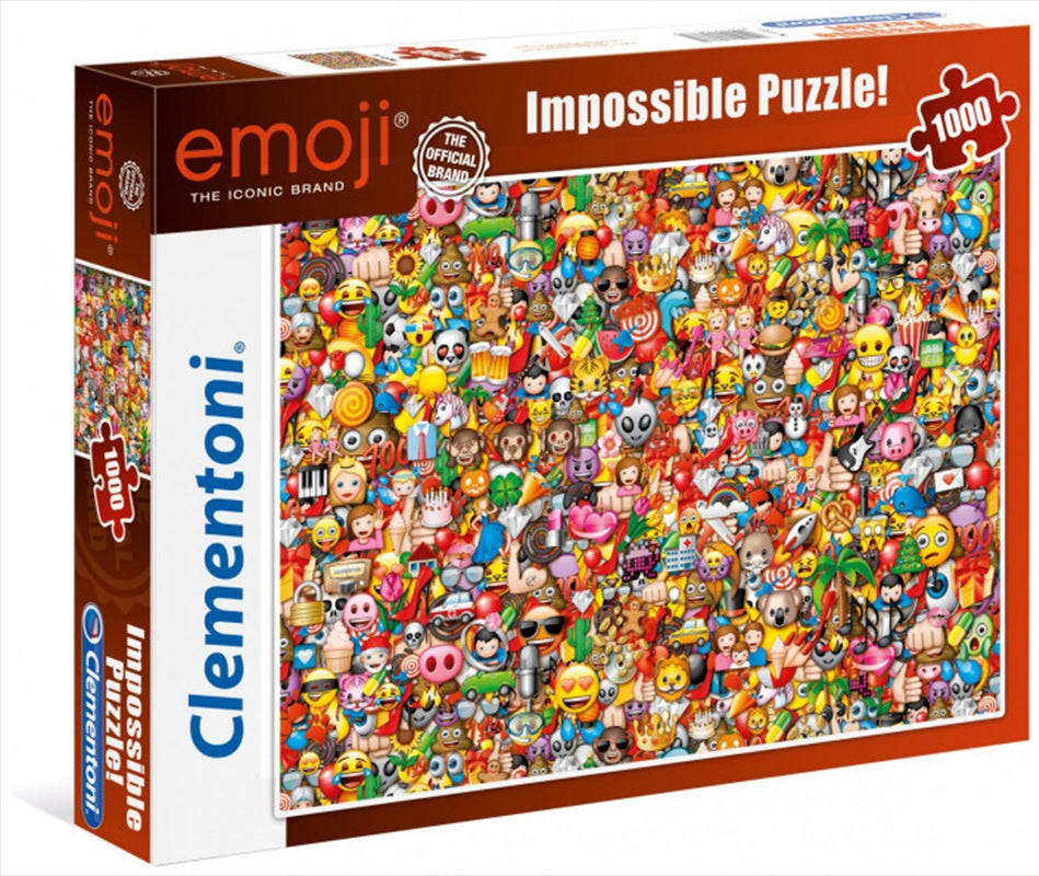 Clementoni Emoji Impossible Puzzle featuring colorful emoji designs with 1000 pieces, completed size 69cm x 50cm.