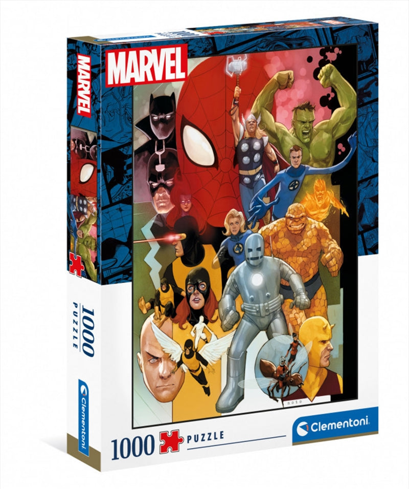 Clementoni 1,000-piece Marvel puzzle featuring iconic superheroes in vibrant colors.