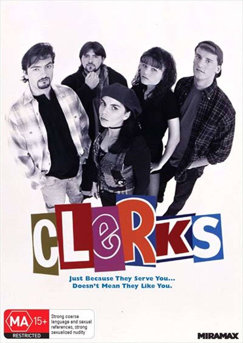 Clerks DVD cover featuring Dante and Randal in a convenience store setting, showcasing the film's comedic essence.