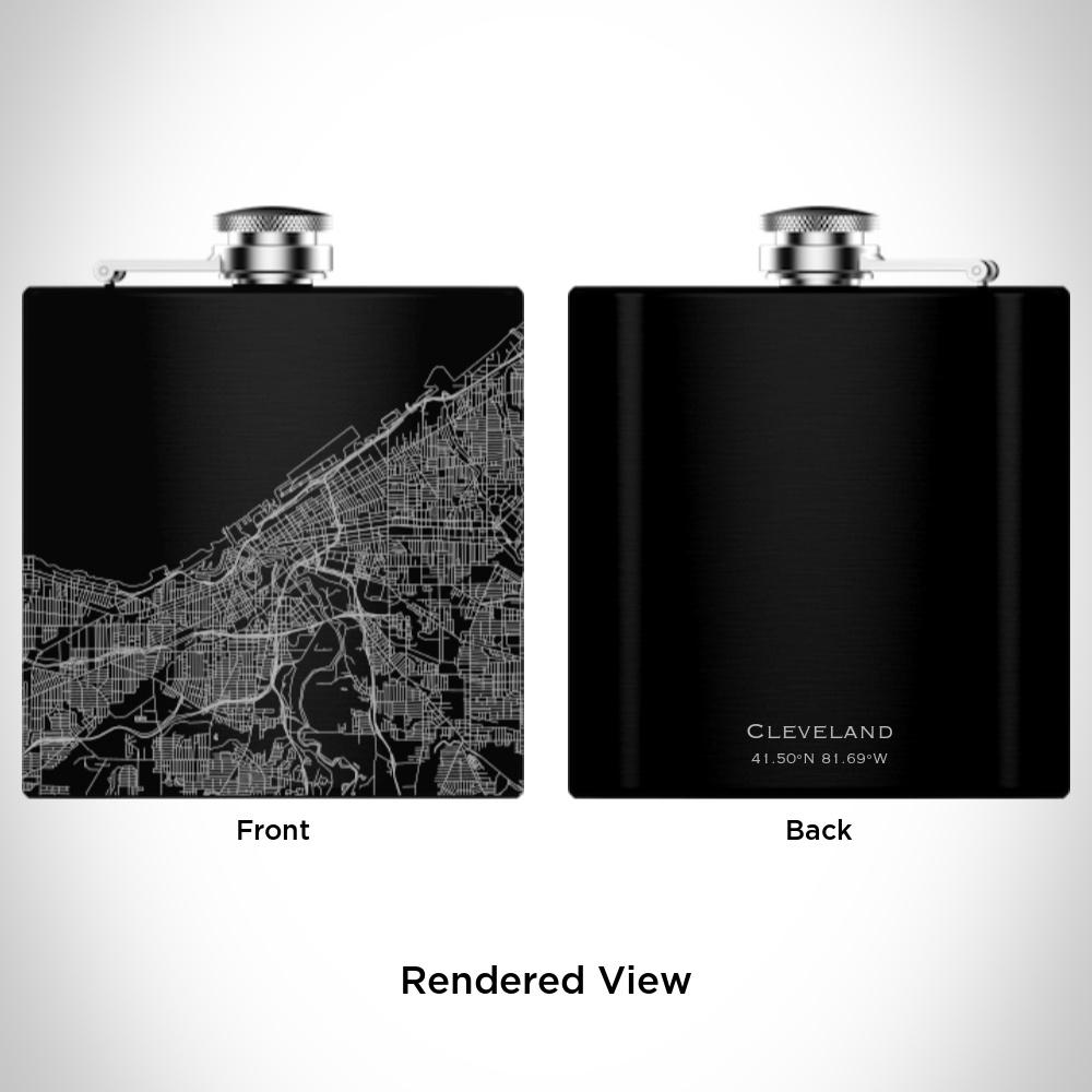 Custom engraved matte black hip flask featuring a detailed map of Cleveland, Ohio with coordinates.