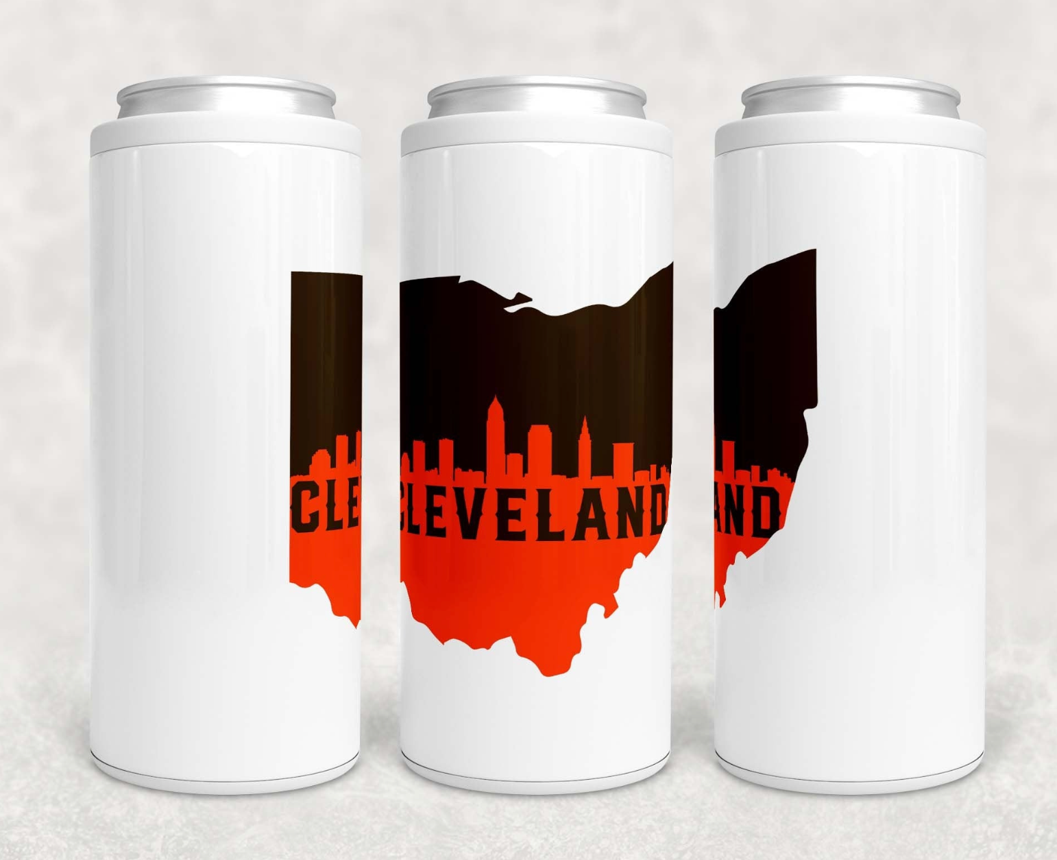 Cleveland Skyline Skinny Can Cooler featuring Browns team colors and logo, made of stainless steel with a sleek design.