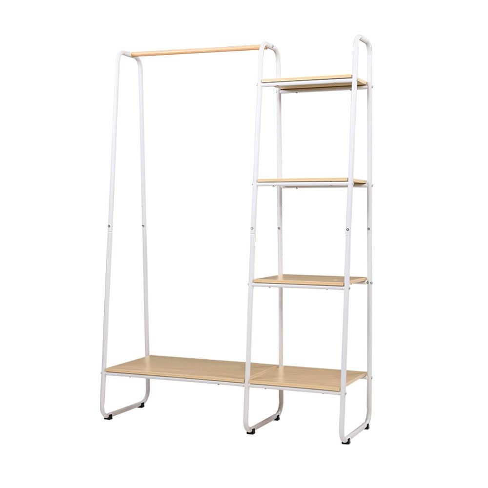 A stylish and sturdy metal clothes rack with a hanging bar and MDF shelves, perfect for organizing clothing and accessories in any room.