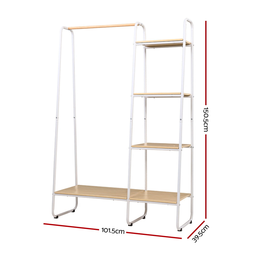 A stylish and sturdy metal clothes rack with a hanging bar and MDF shelves, perfect for organizing clothing and accessories in any room.