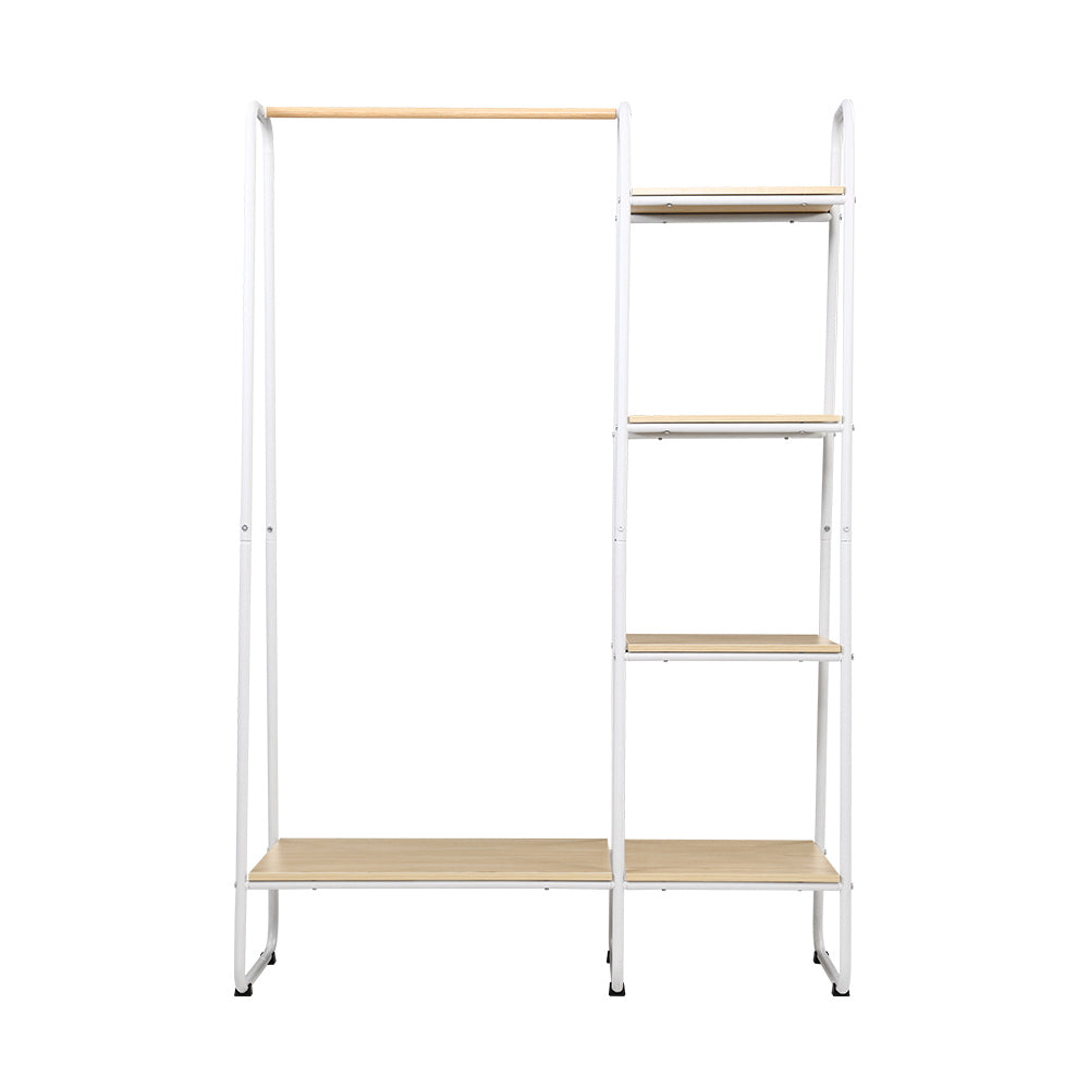 A stylish and sturdy metal clothes rack with a hanging bar and MDF shelves, perfect for organizing clothing and accessories in any room.