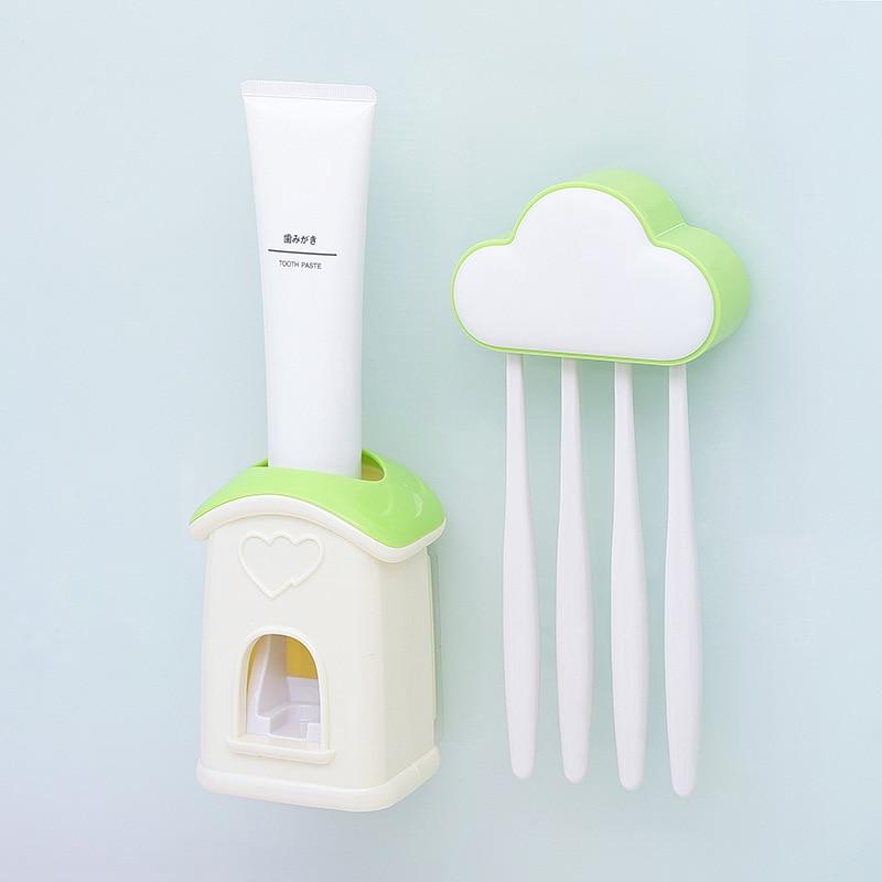 A stylish cloud-shaped toothbrush holder with a built-in toothpaste dispenser, designed for kids' bathrooms.