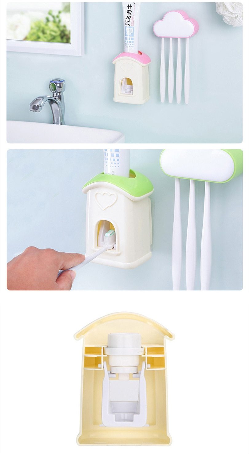 A stylish cloud-shaped toothbrush holder with a built-in toothpaste dispenser, designed for kids' bathrooms.