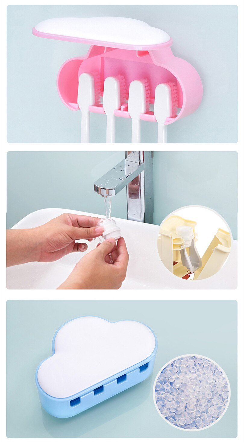 A stylish cloud-shaped toothbrush holder with a built-in toothpaste dispenser, designed for kids' bathrooms.