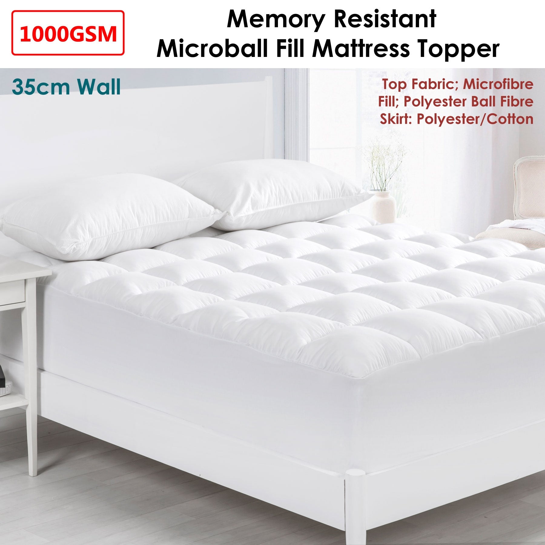 Cloudland 1000GSM Memory Resistant Microball Fill Mattress Topper featuring a square quilted design and deep stretch walls for a snug fit.