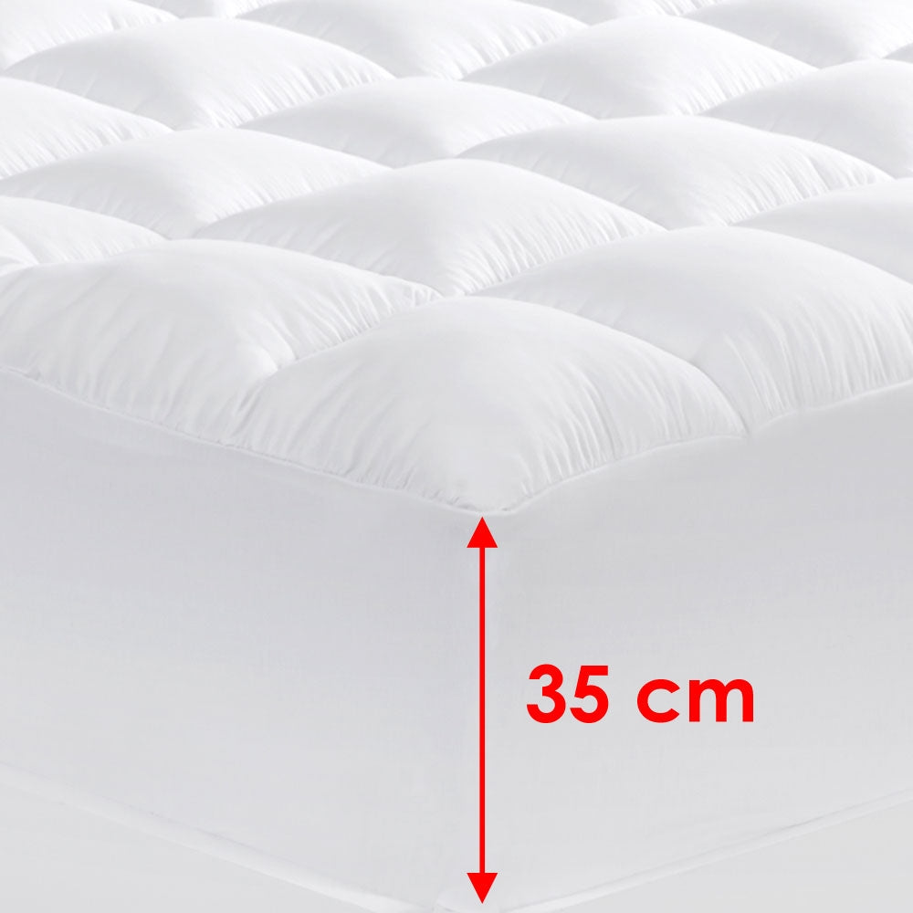 Cloudland 1000GSM Memory Resistant Microball Fill Mattress Topper featuring a square quilted design and deep stretch walls for a snug fit.