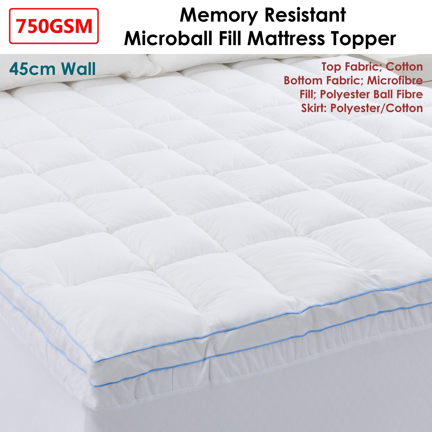 Cloudland 750GSM Memory Resistant Microball Fill Mattress Topper Queen with a plush cotton top and quilted design, ideal for enhancing sleep comfort.