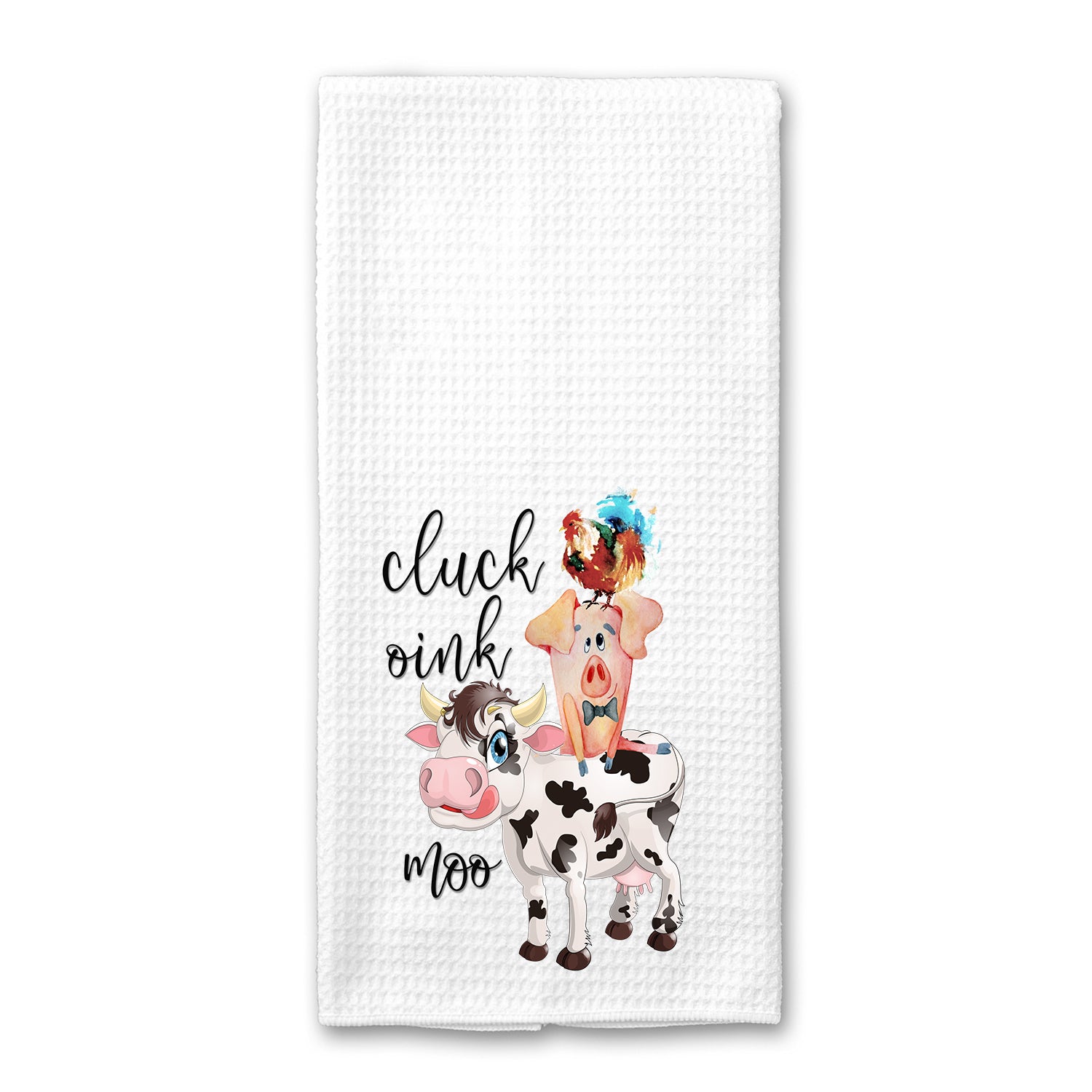 Cluck Oink Moo Kitchen Towel featuring playful farm animal designs, made from absorbent microfiber.