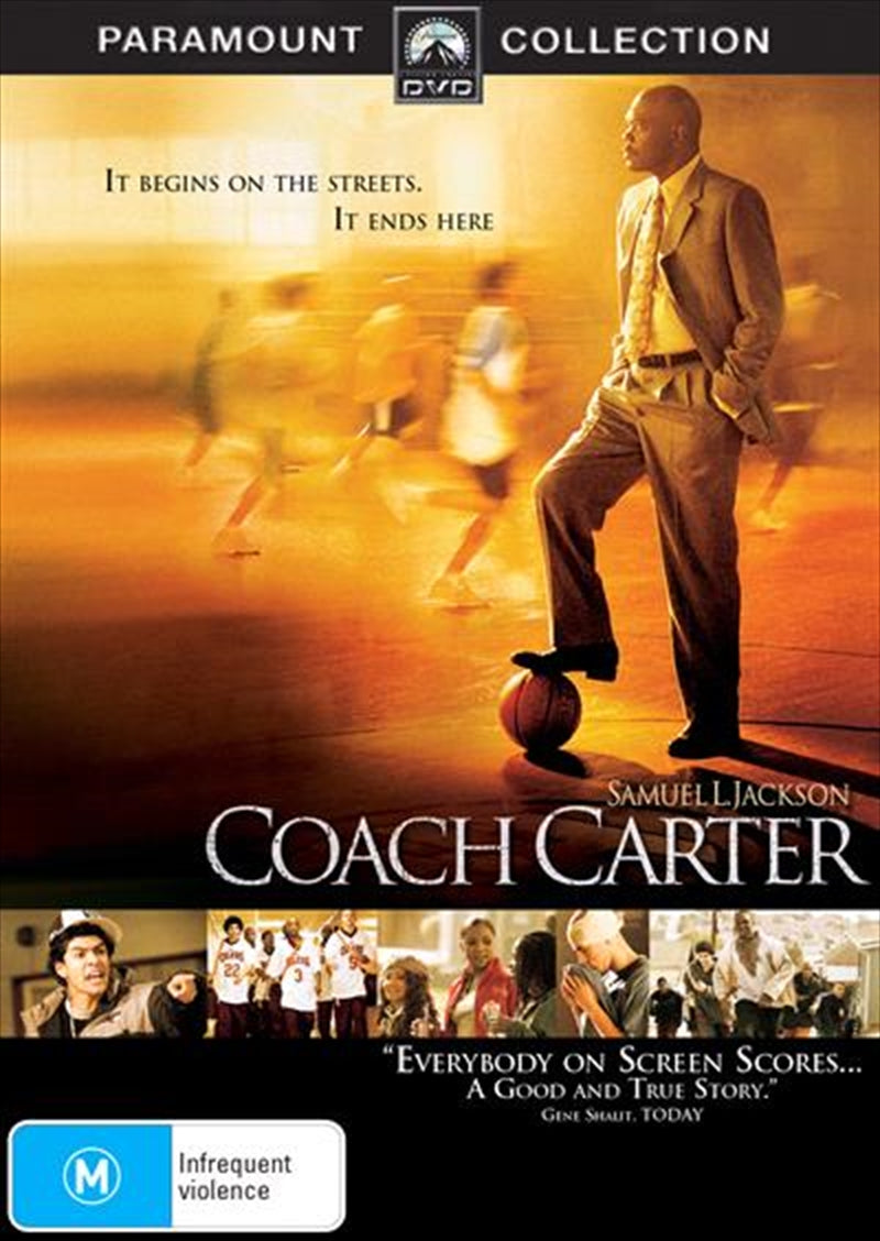 Coach Carter DVD cover featuring Samuel L. Jackson as Coach Ken Carter, showcasing a basketball theme and inspirational elements.