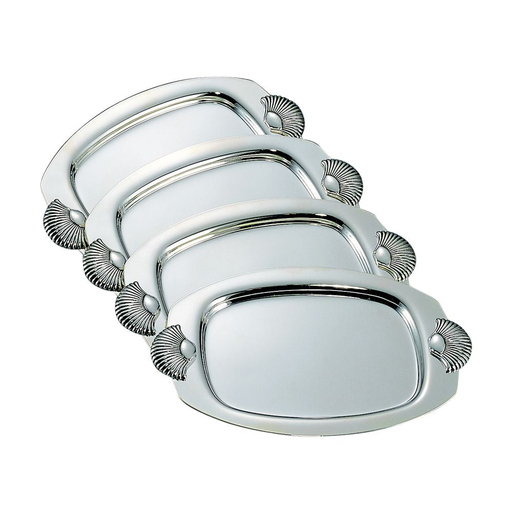 Set of 4 nickel-plated oblong dishes with seashell handles, elegantly designed for coastal-themed decor.