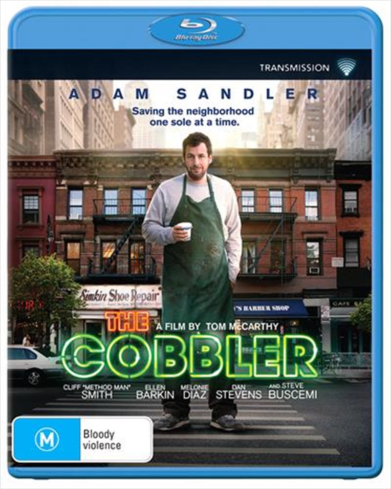 Blu-ray cover of 'Cobbler' featuring Adam Sandler as Max Simkin, surrounded by shoes and a magical aura.