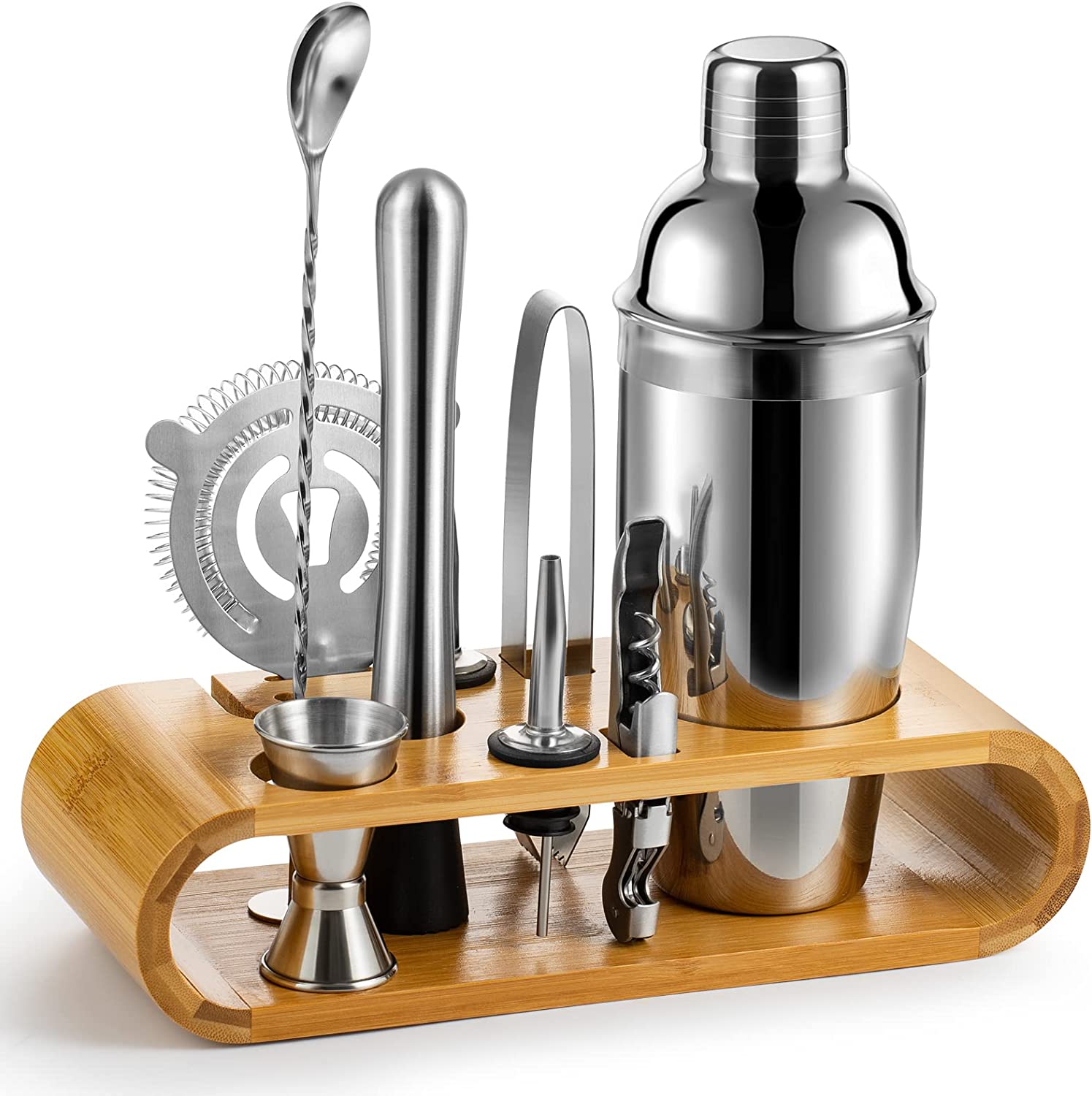 Cocktail Shaker Set Bartender Kit with Bamboo frame and 10 stainless steel bar tools, elegantly displayed on a countertop.