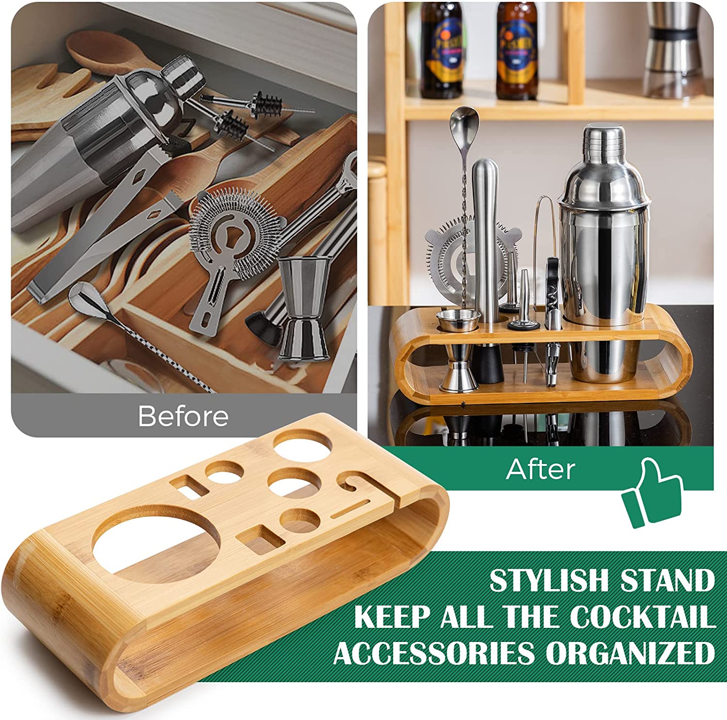 Cocktail Shaker Set Bartender Kit with Bamboo frame and 10 stainless steel bar tools, elegantly displayed on a countertop.